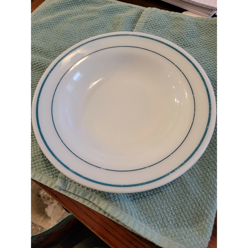 FIRE KING ANCHOR HOCKING 350 GLASS‎ PASTA BOWL 9" Turquoise Blue Stripe ##